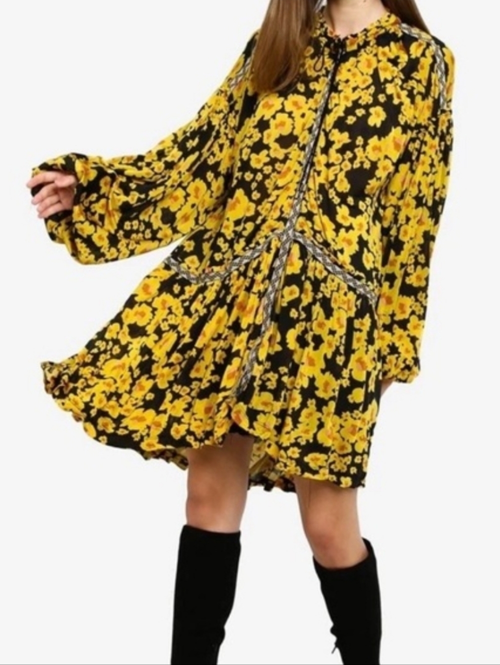 Free People Black Dress with Yellow Floral Print